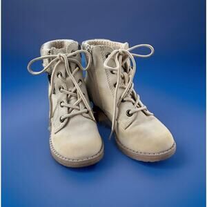 Pop Girls Beige Lace Up Ankle Booties Side Zip Block Heel Girls Size 12M